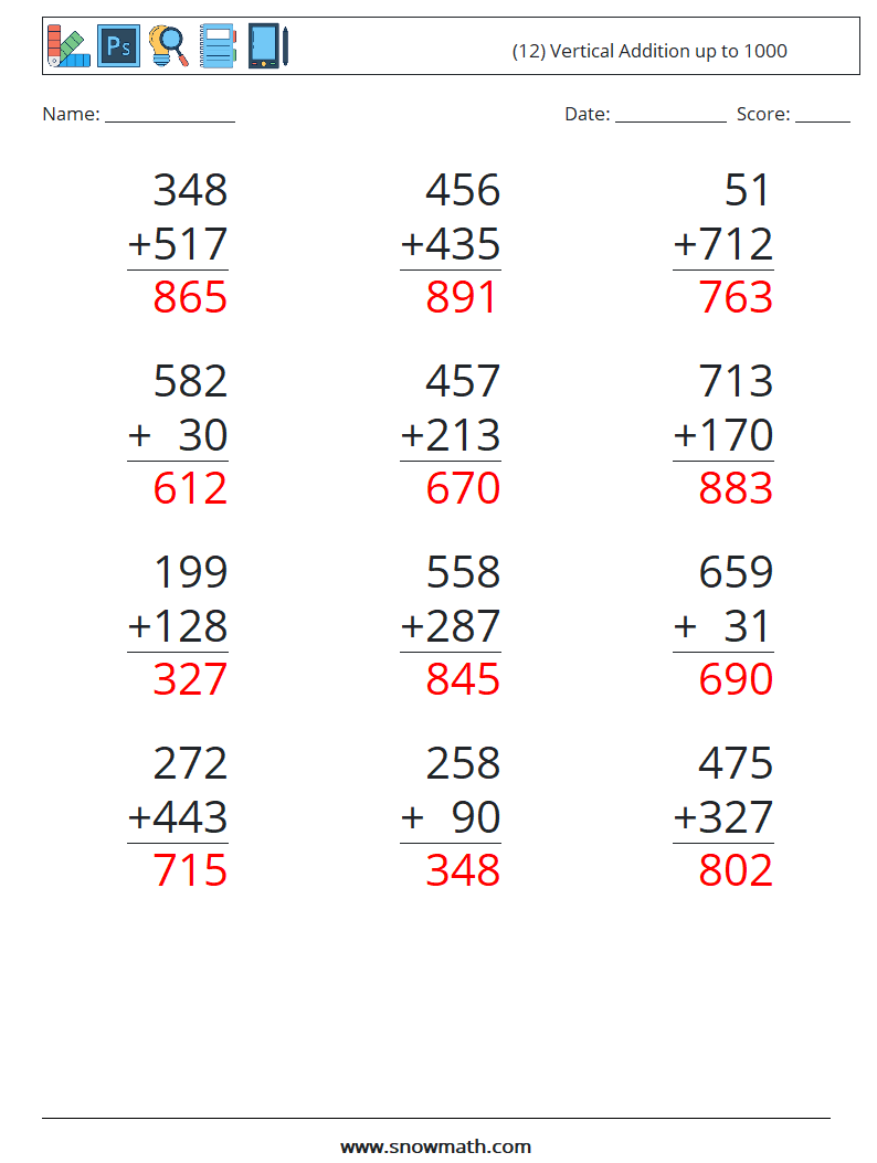 (12) Vertical Addition up to 1000 Maths Worksheets 1 Question, Answer