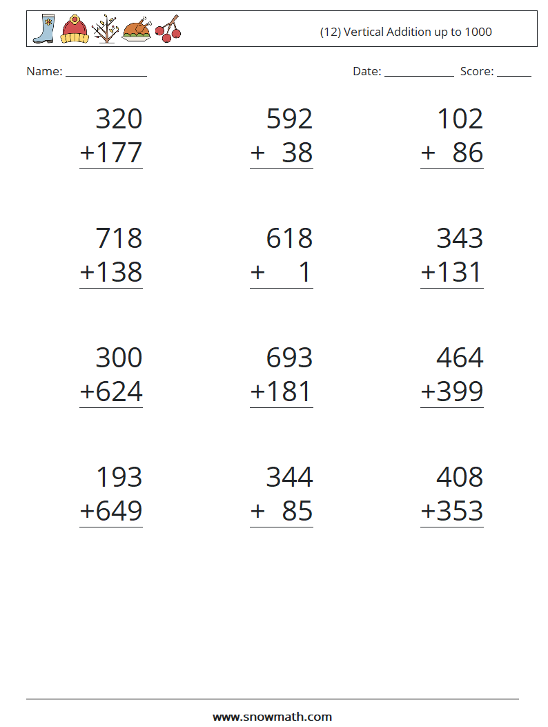 (12) Vertical Addition up to 1000 Maths Worksheets 2