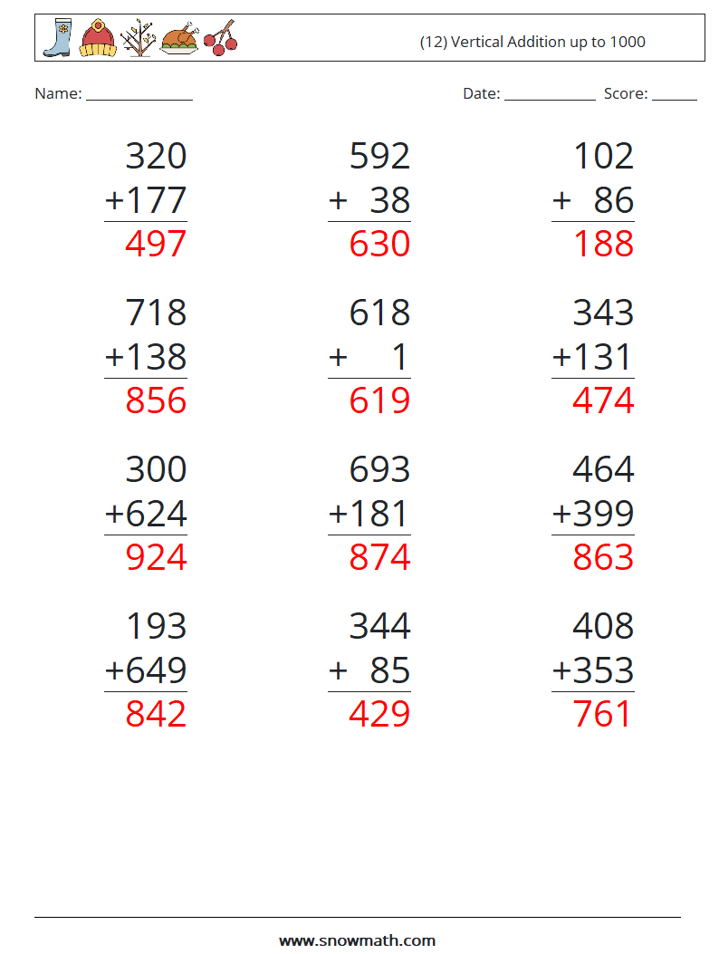 (12) Vertical Addition up to 1000 Maths Worksheets 2 Question, Answer