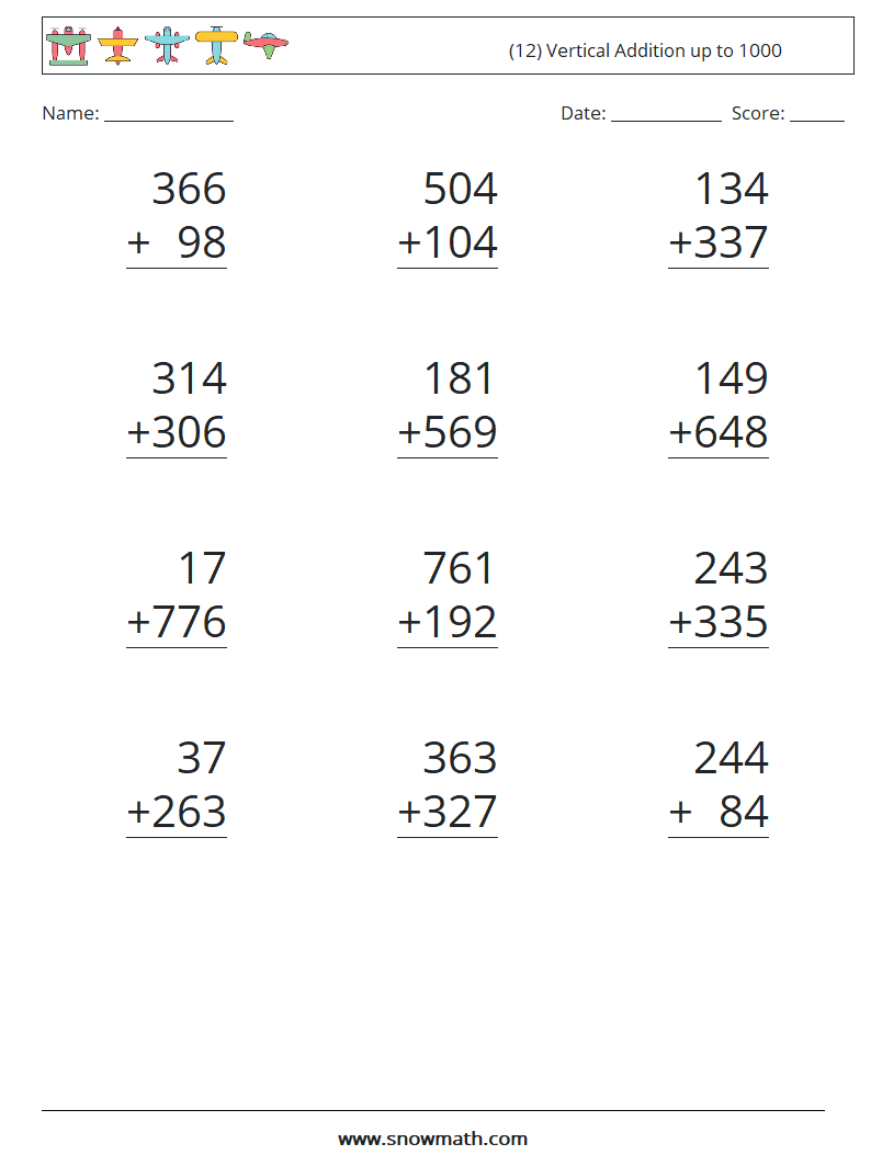 (12) Vertical Addition up to 1000 Maths Worksheets 3