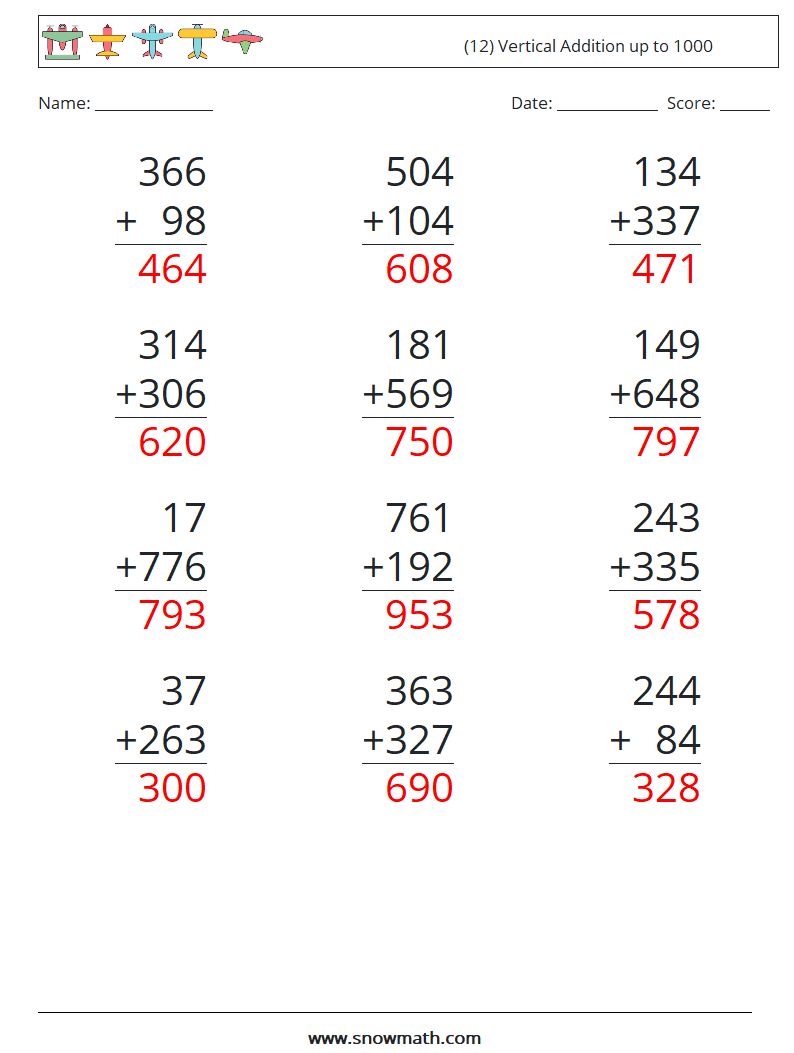 (12) Vertical Addition up to 1000 Maths Worksheets 3 Question, Answer