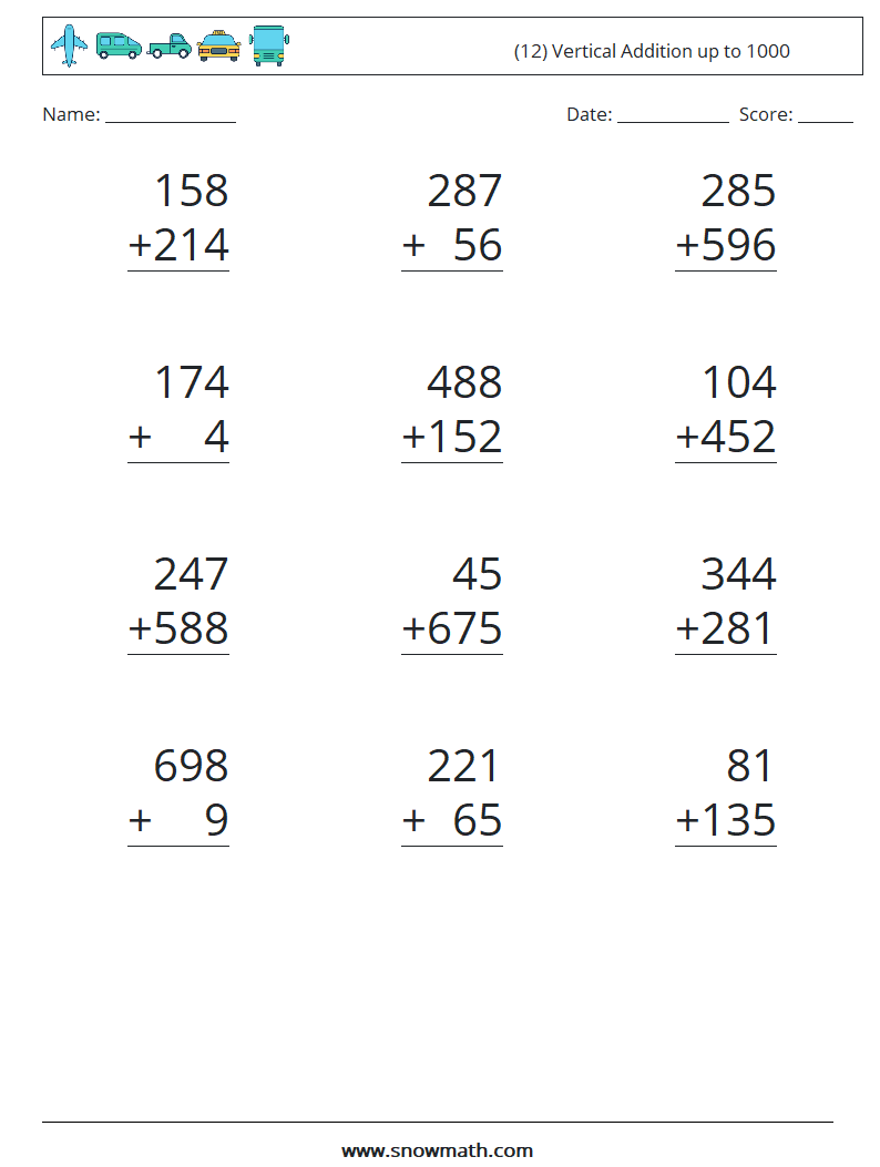 (12) Vertical Addition up to 1000 Maths Worksheets 4