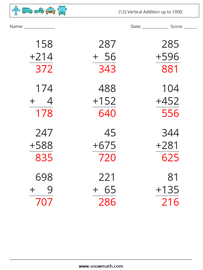 (12) Vertical Addition up to 1000 Maths Worksheets 4 Question, Answer