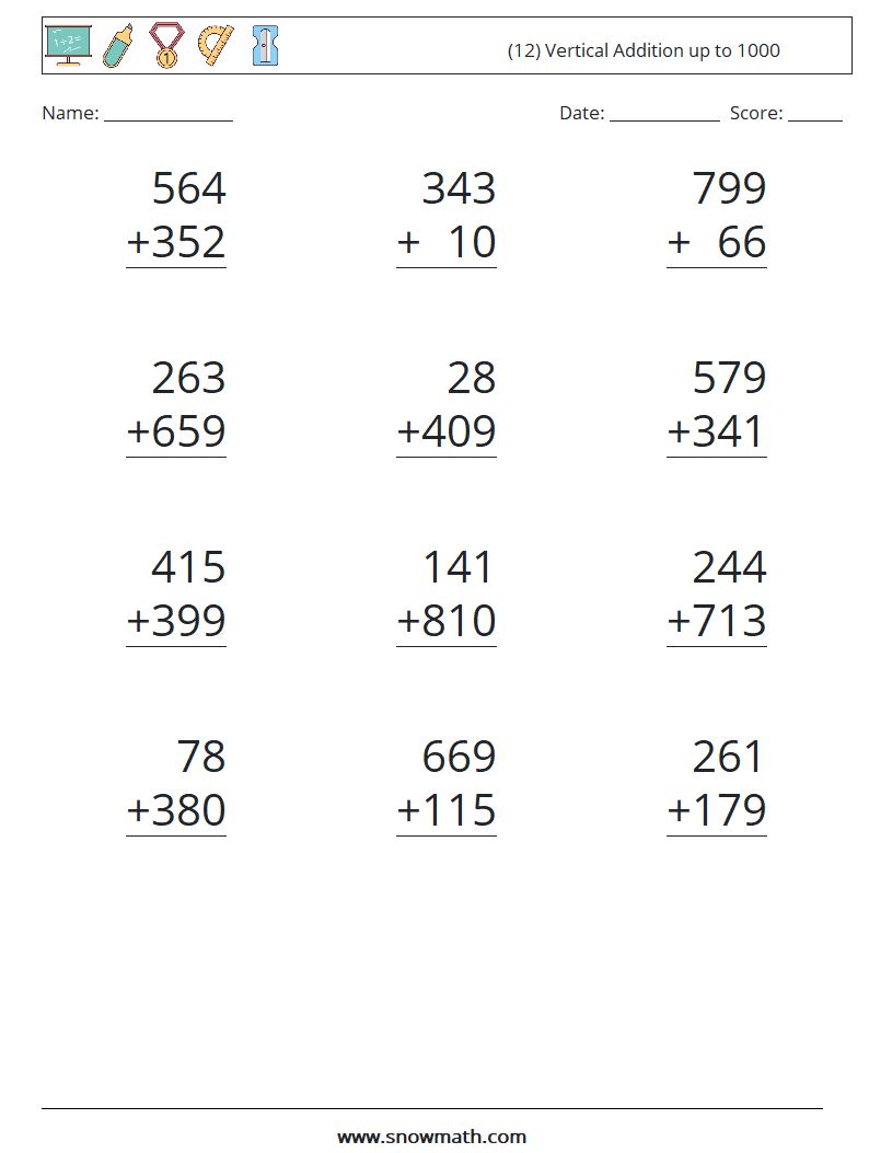 (12) Vertical Addition up to 1000 Maths Worksheets 5