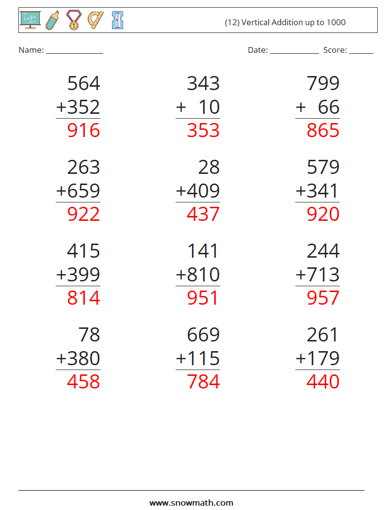 (12) Vertical Addition up to 1000 Maths Worksheets 5 Question, Answer