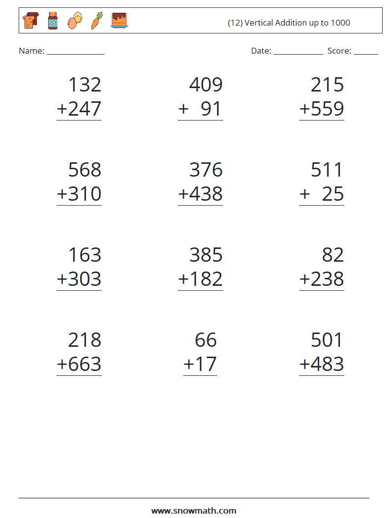 (12) Vertical Addition up to 1000 Maths Worksheets 6