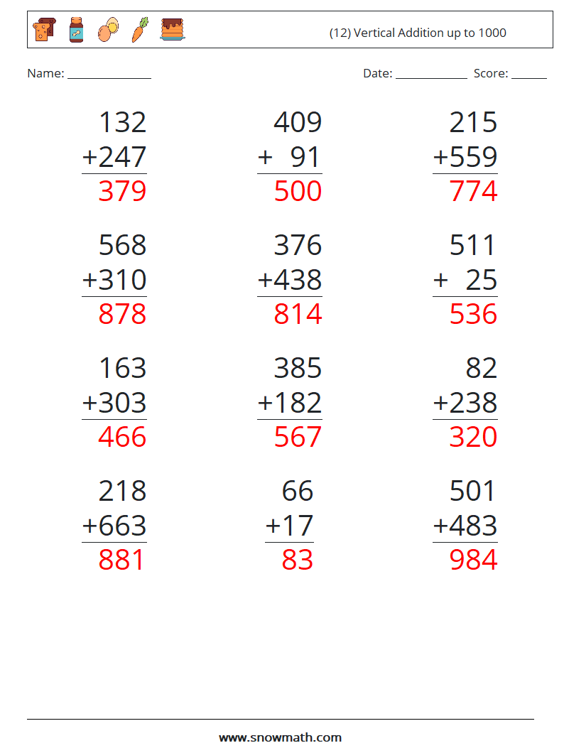 (12) Vertical Addition up to 1000 Maths Worksheets 6 Question, Answer