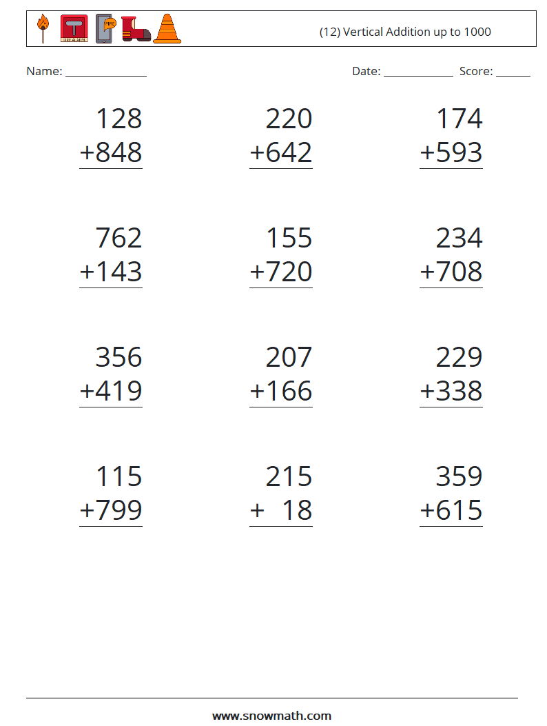 (12) Vertical Addition up to 1000 Maths Worksheets 7