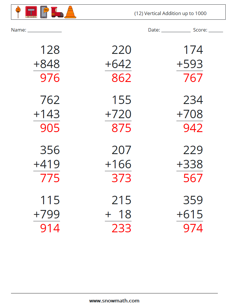 (12) Vertical Addition up to 1000 Maths Worksheets 7 Question, Answer