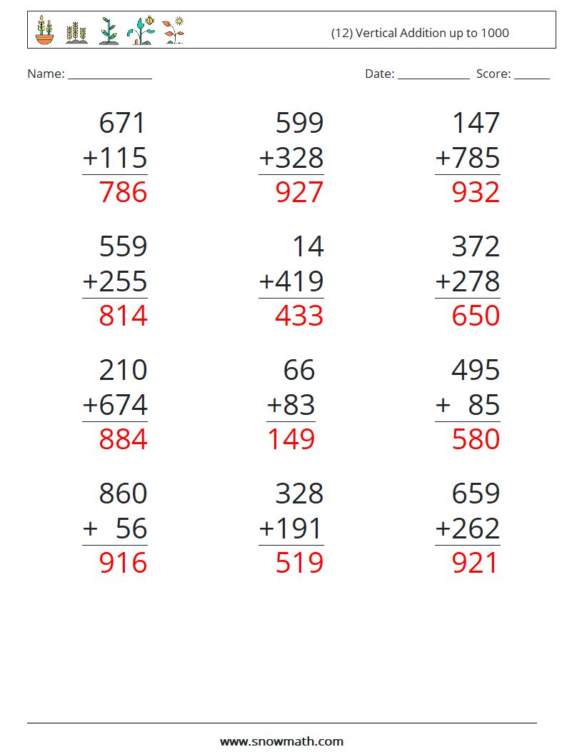 (12) Vertical Addition up to 1000 Maths Worksheets 8 Question, Answer