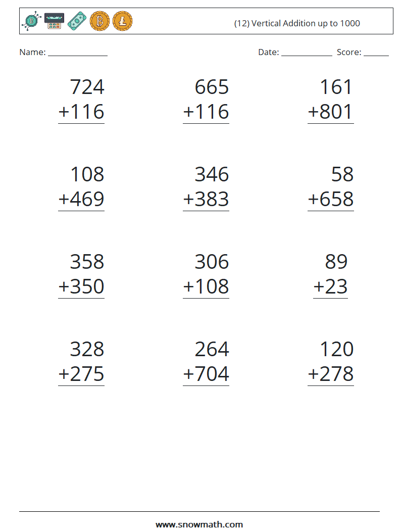 (12) Vertical Addition up to 1000 Maths Worksheets 9