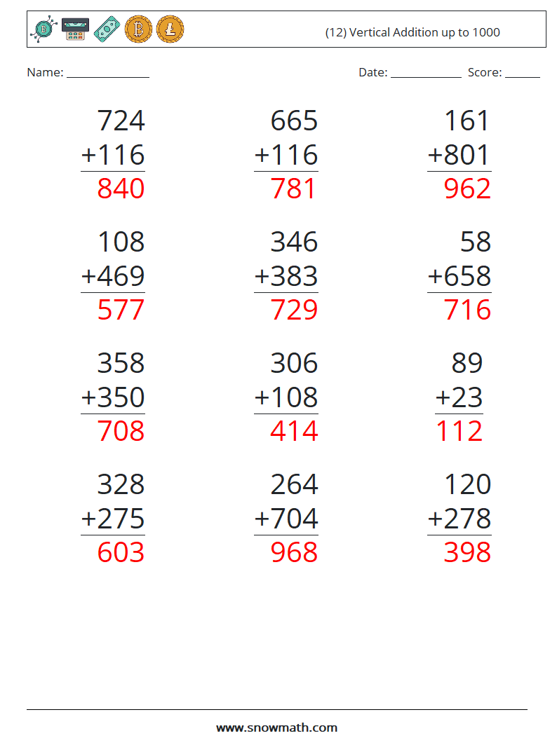 (12) Vertical Addition up to 1000 Maths Worksheets 9 Question, Answer