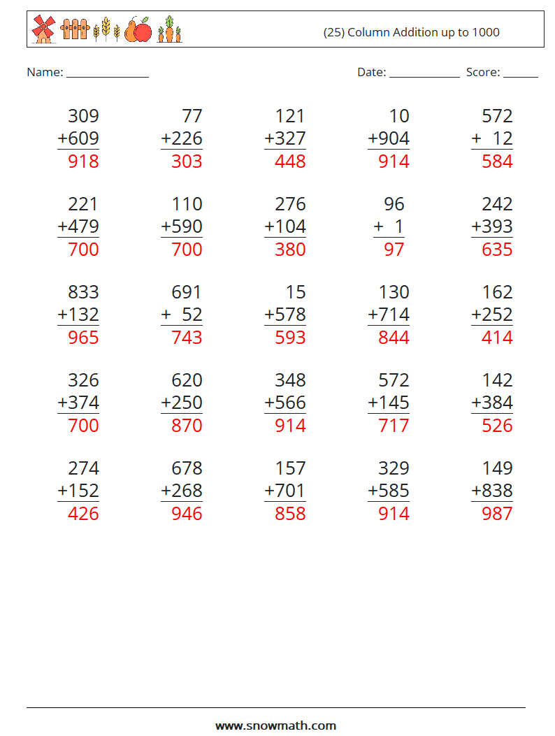 (25) Column Addition up to 1000 Maths Worksheets 10 Question, Answer