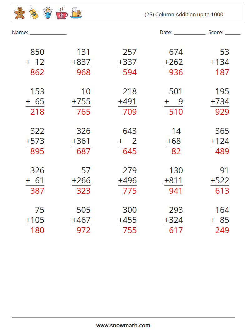 (25) Column Addition up to 1000 Maths Worksheets 11 Question, Answer