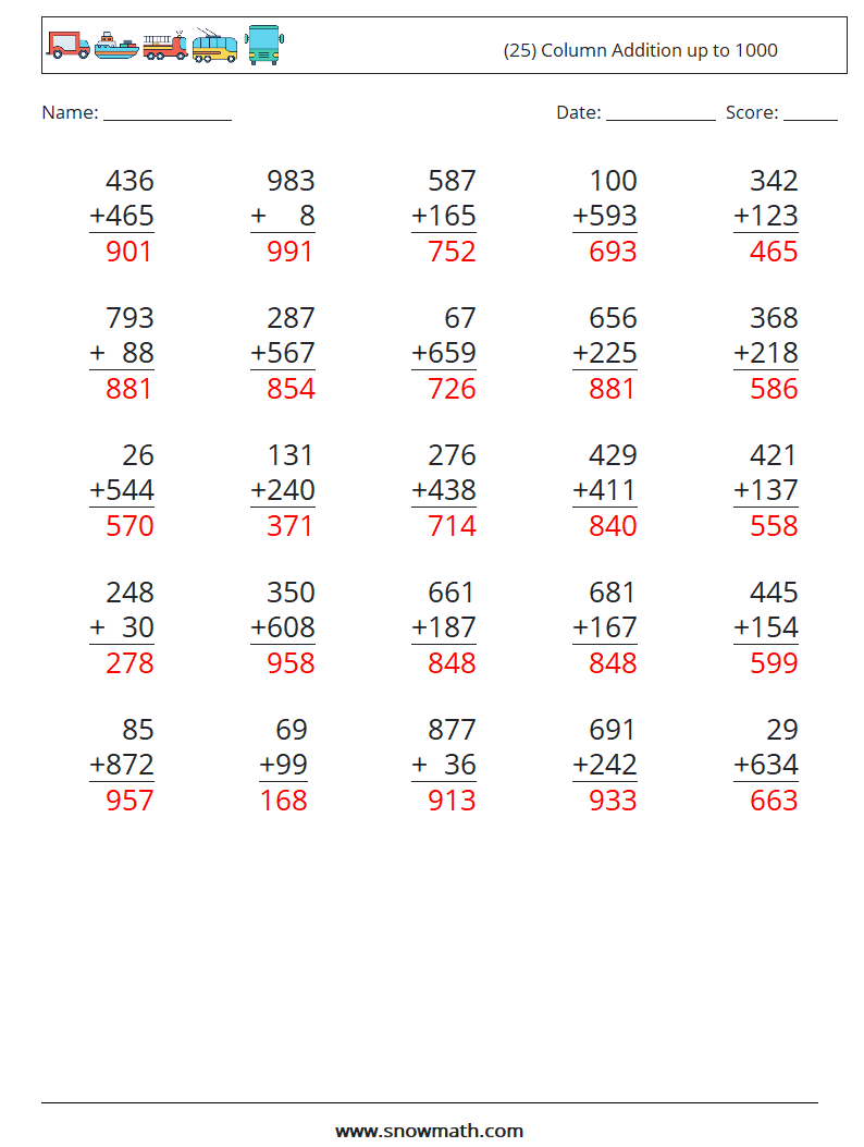 (25) Column Addition up to 1000 Maths Worksheets 12 Question, Answer