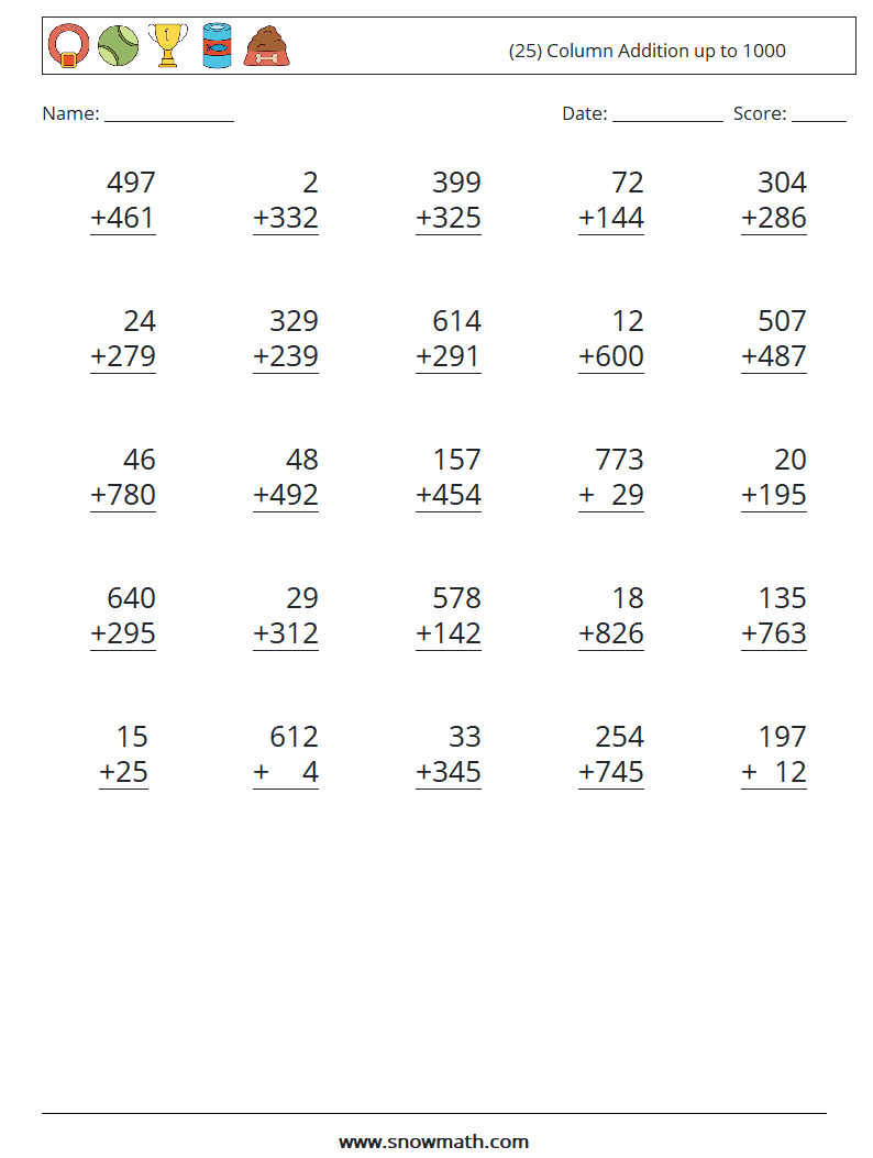 (25) Column Addition up to 1000 Maths Worksheets 13