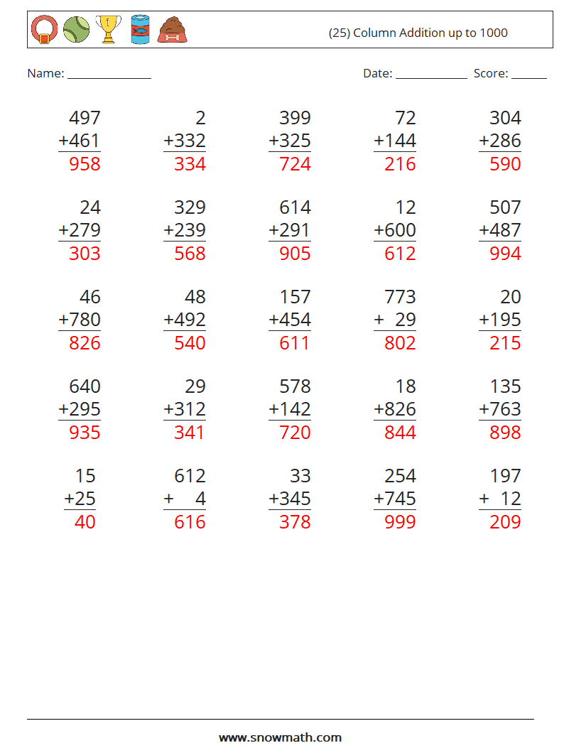 (25) Column Addition up to 1000 Maths Worksheets 13 Question, Answer