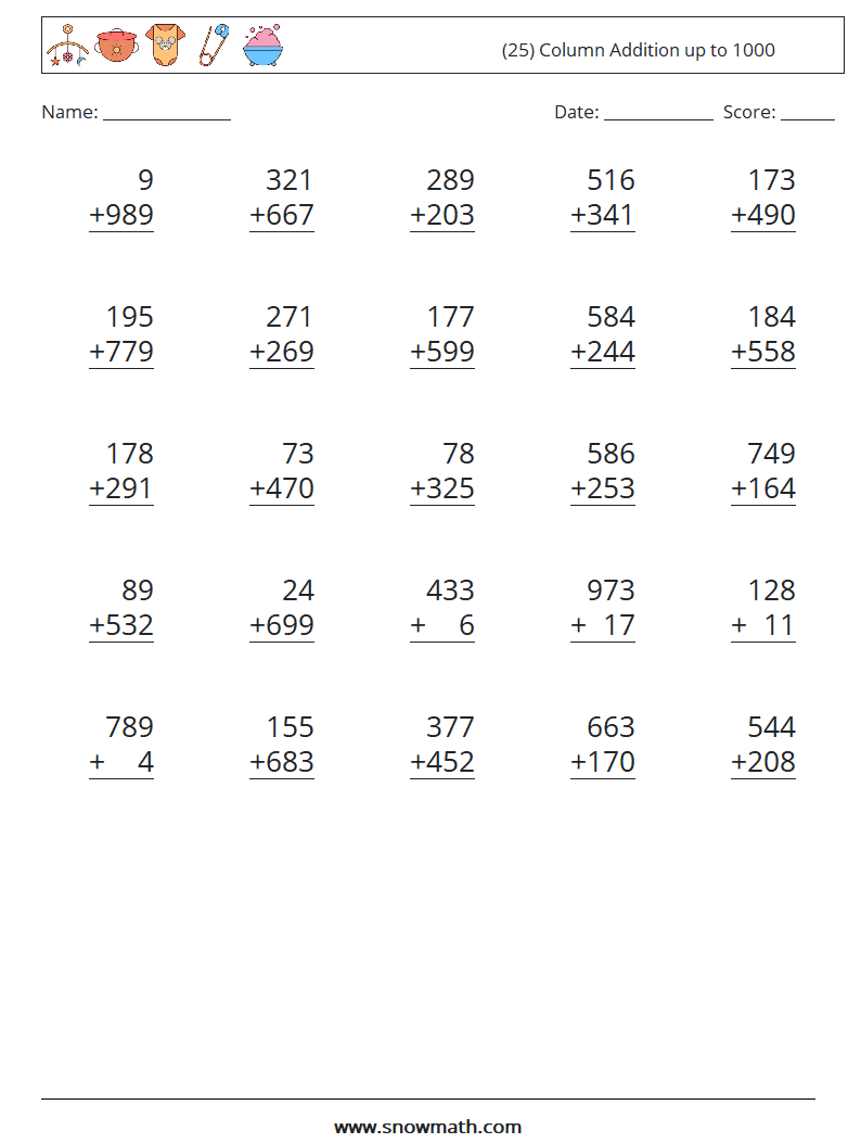 (25) Column Addition up to 1000 Maths Worksheets 14