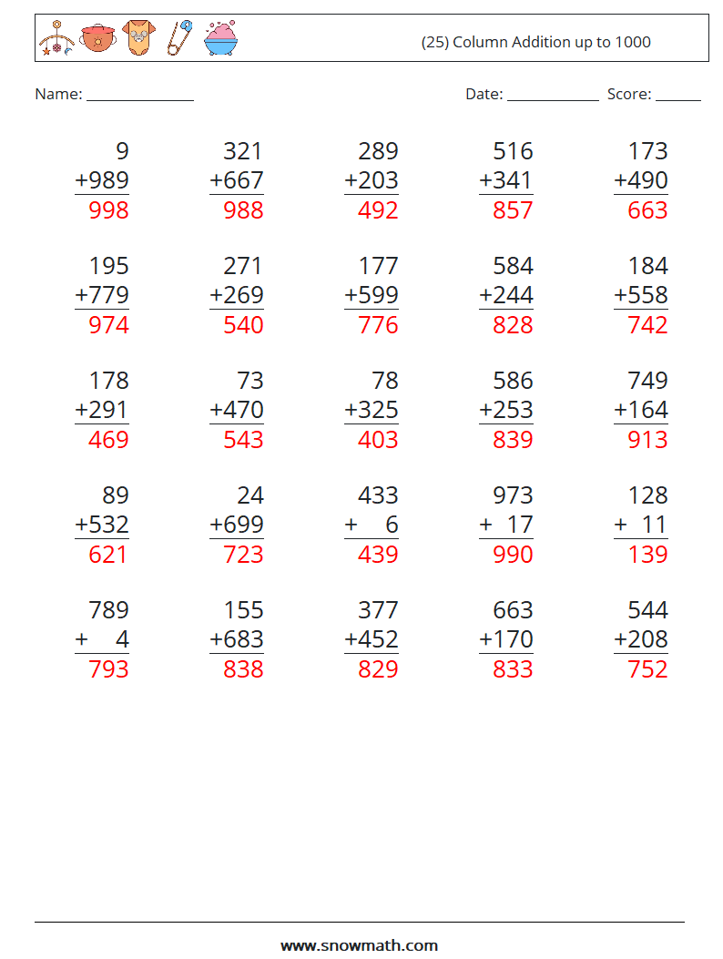 (25) Column Addition up to 1000 Maths Worksheets 14 Question, Answer