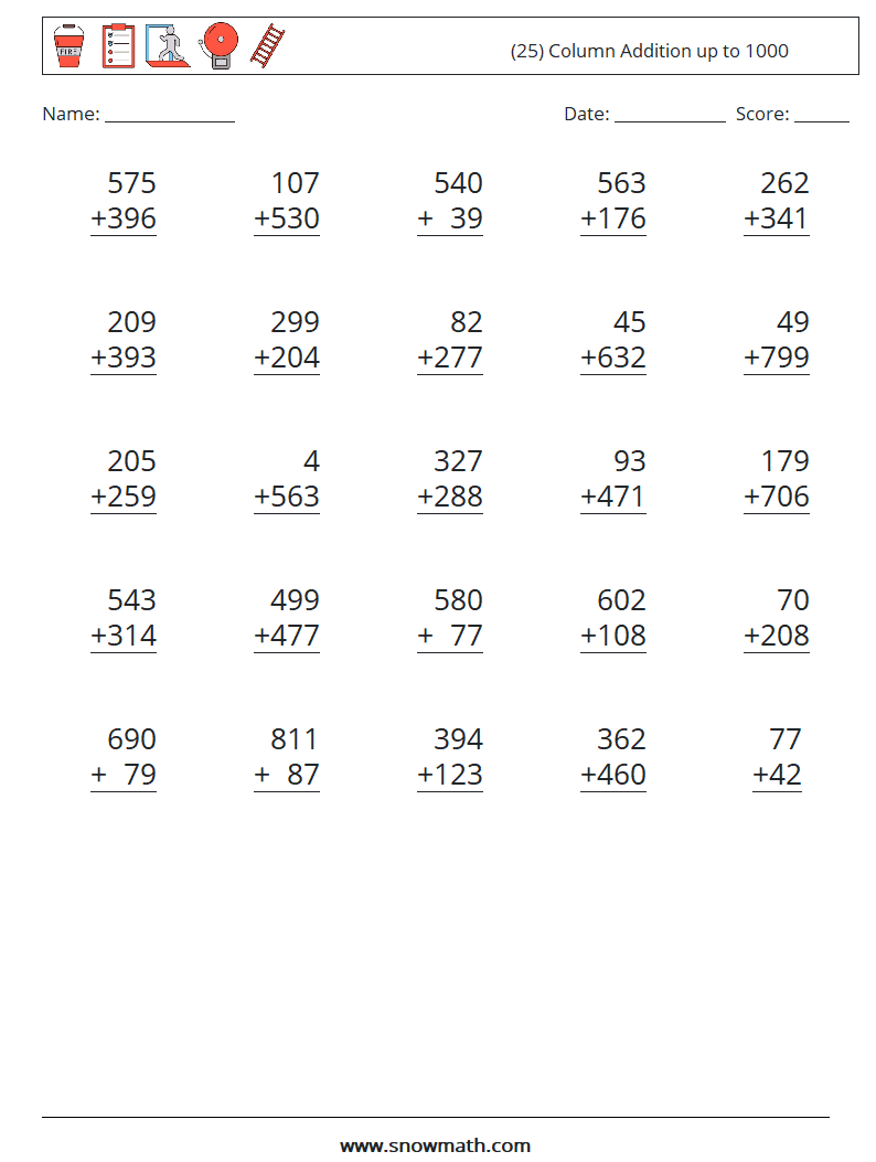 (25) Column Addition up to 1000 Maths Worksheets 16