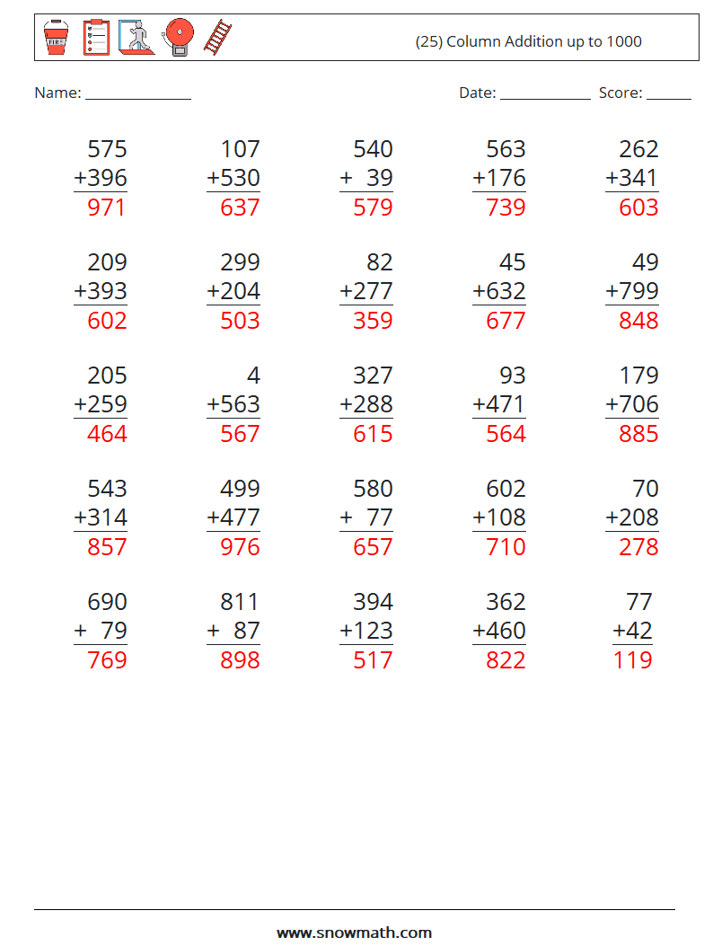 (25) Column Addition up to 1000 Maths Worksheets 16 Question, Answer