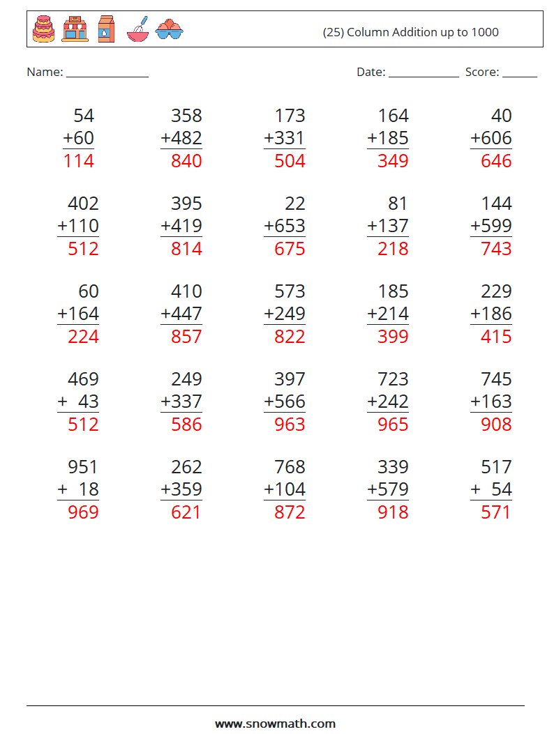 (25) Column Addition up to 1000 Maths Worksheets 17 Question, Answer