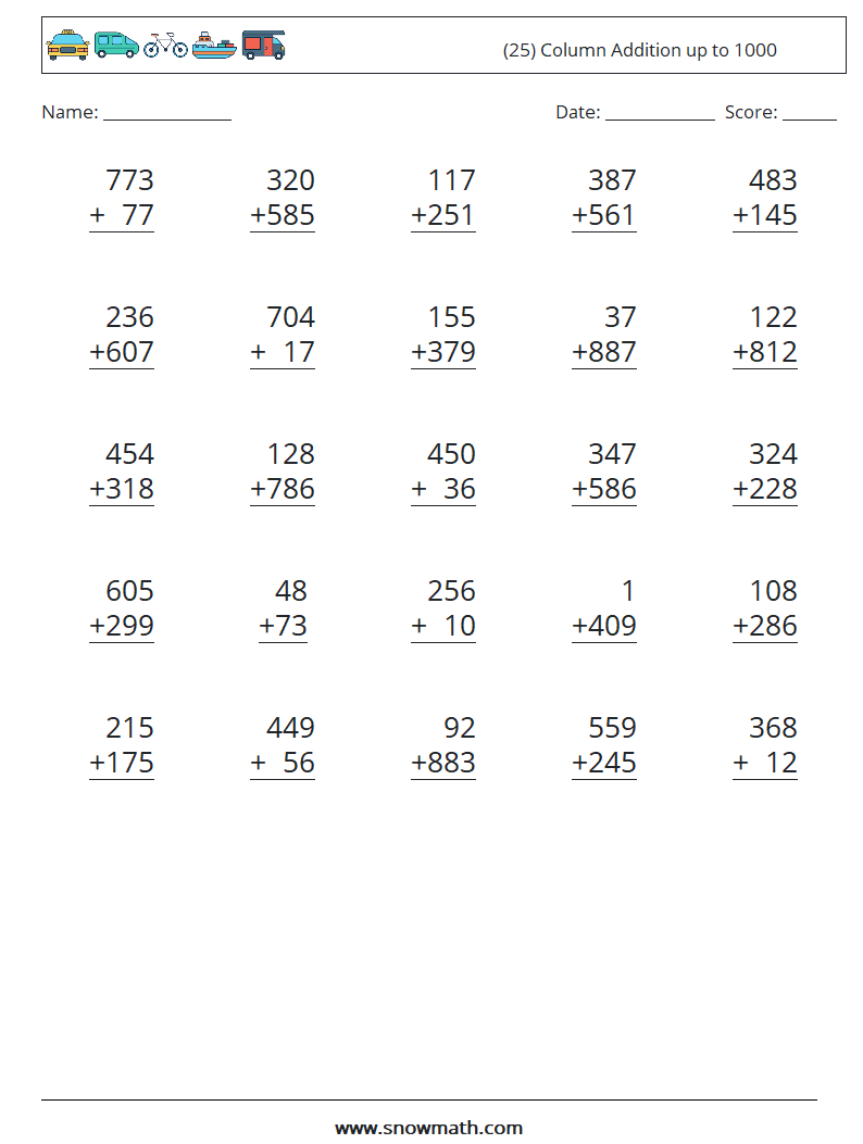 (25) Column Addition up to 1000 Maths Worksheets 18