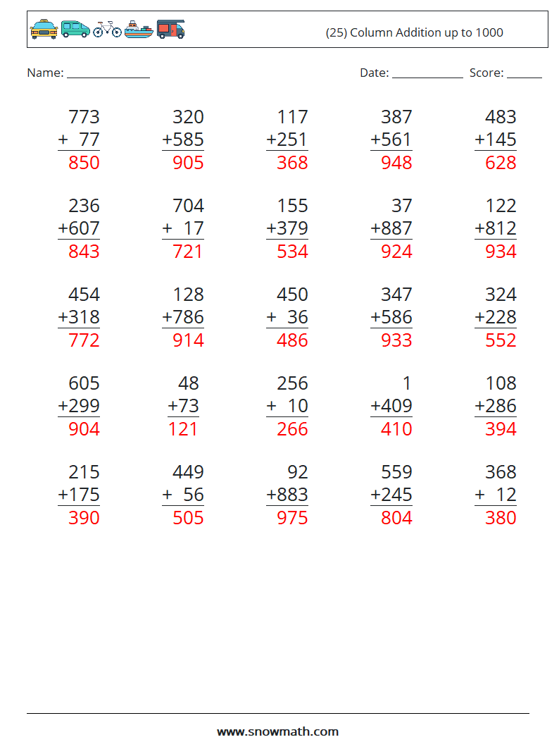 (25) Column Addition up to 1000 Maths Worksheets 18 Question, Answer