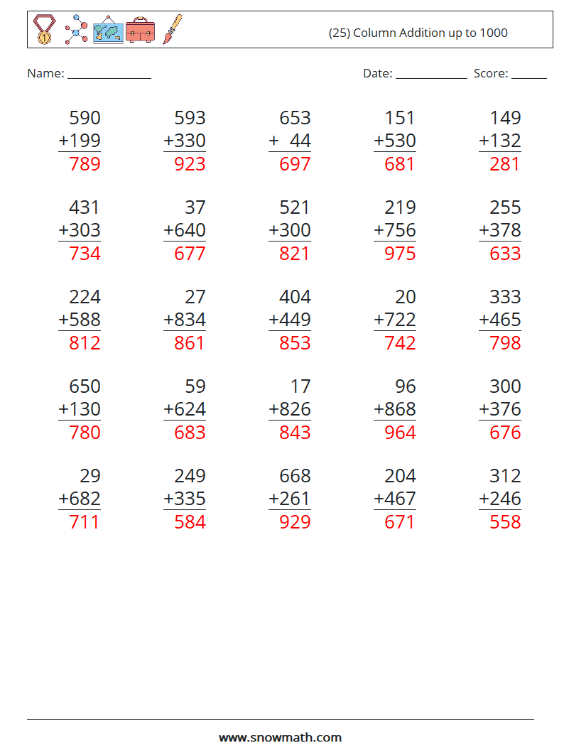 (25) Column Addition up to 1000 Maths Worksheets 1 Question, Answer