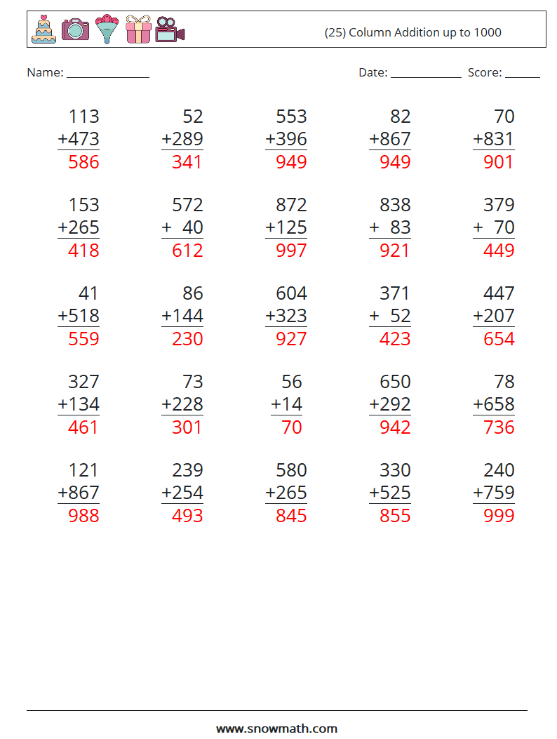 (25) Column Addition up to 1000 Maths Worksheets 2 Question, Answer