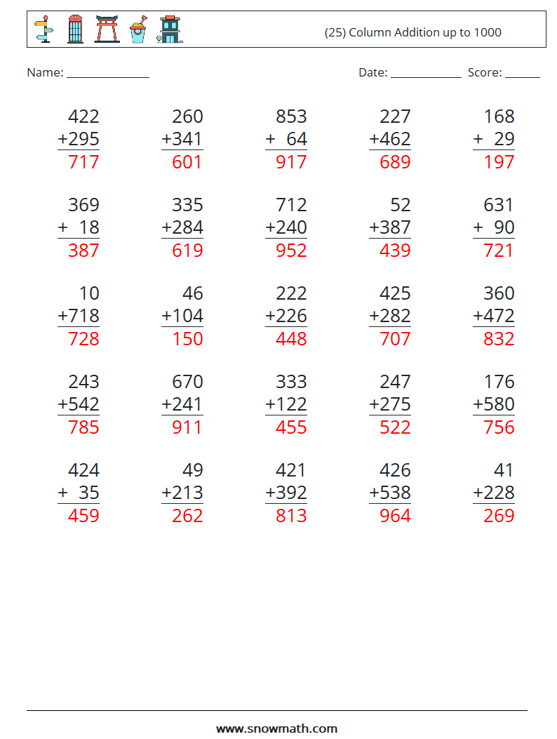 (25) Column Addition up to 1000 Maths Worksheets 3 Question, Answer