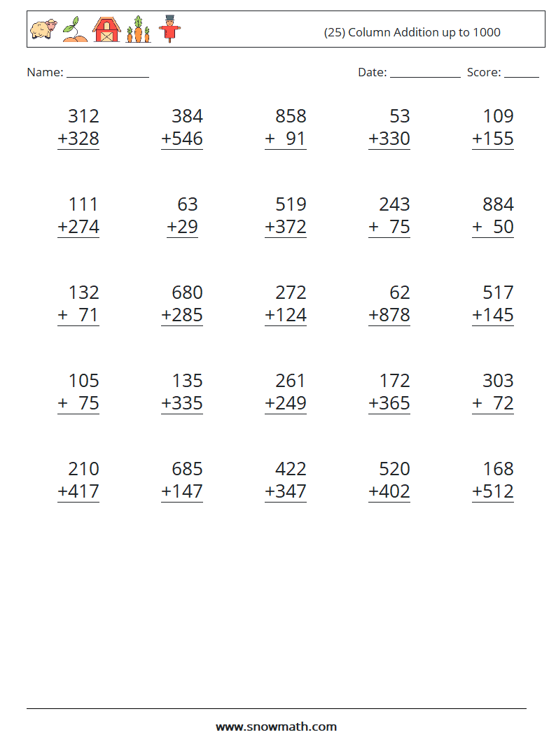 (25) Column Addition up to 1000 Maths Worksheets 4