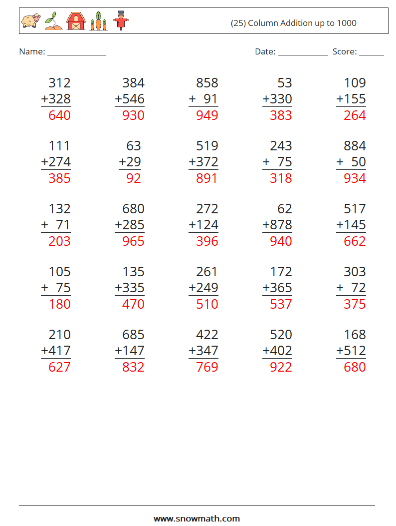 (25) Column Addition up to 1000 Maths Worksheets 4 Question, Answer