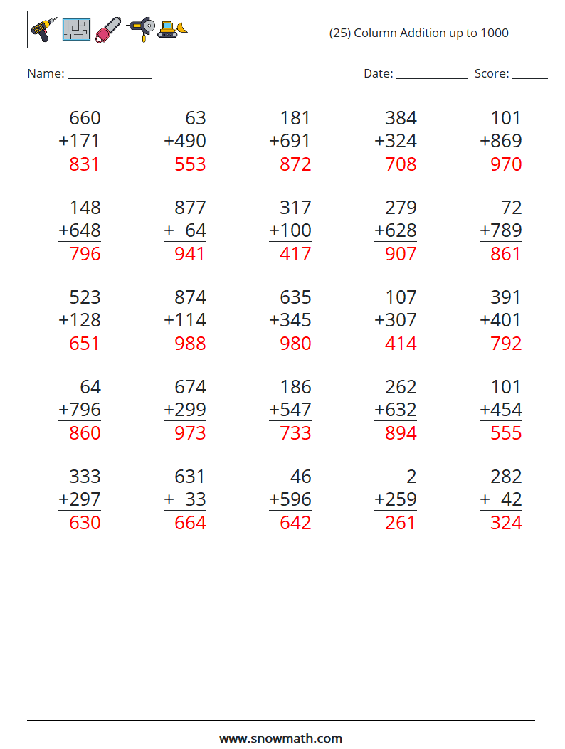 (25) Column Addition up to 1000 Maths Worksheets 5 Question, Answer