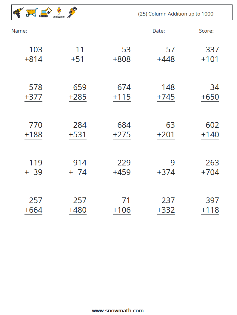 (25) Column Addition up to 1000 Maths Worksheets 6