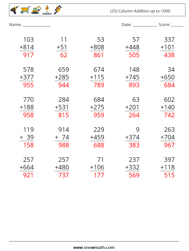 (25) Column Addition up to 1000 Maths Worksheets 6 Question, Answer