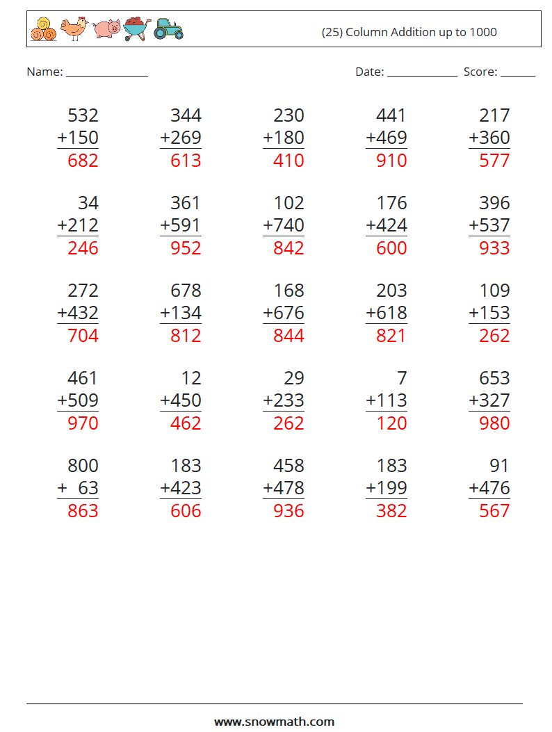 (25) Column Addition up to 1000 Maths Worksheets 7 Question, Answer