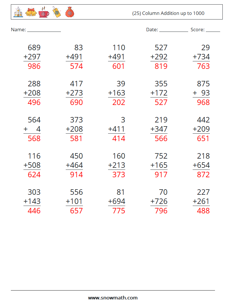 (25) Column Addition up to 1000 Maths Worksheets 8 Question, Answer