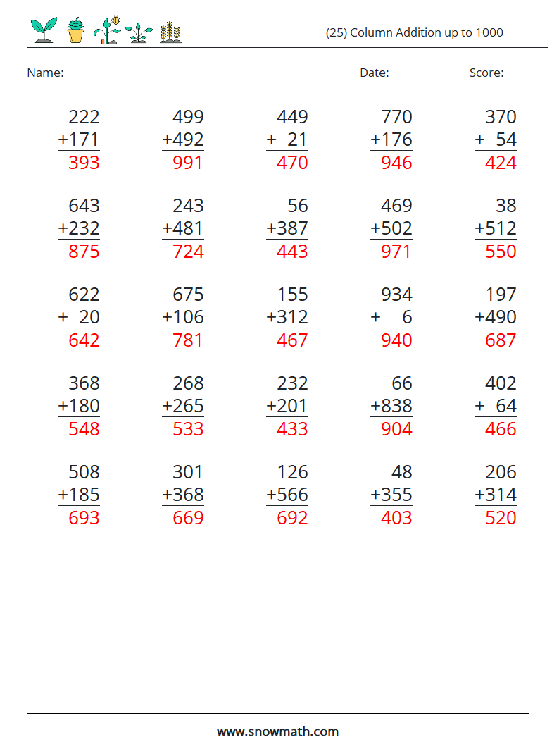 (25) Column Addition up to 1000 Maths Worksheets 9 Question, Answer