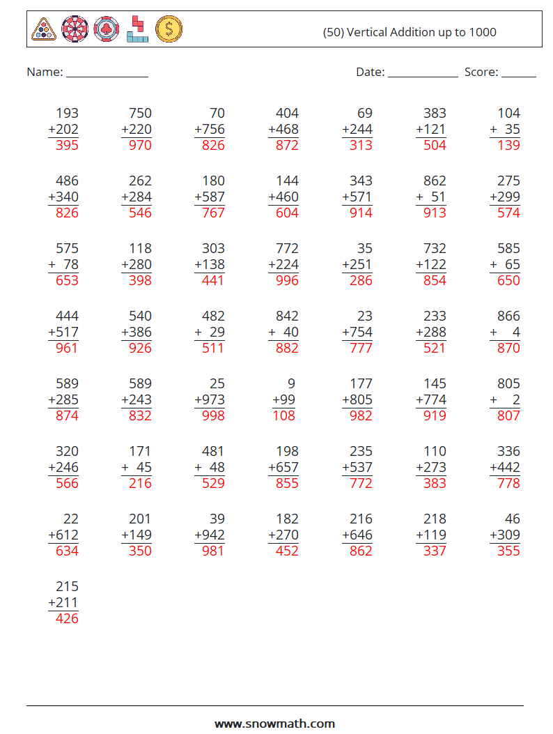 (50) Vertical Addition up to 1000 Maths Worksheets 10 Question, Answer