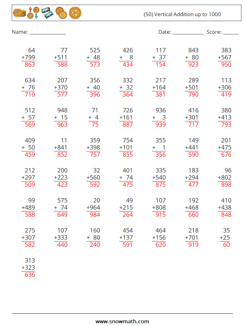 (50) Vertical Addition up to 1000 Maths Worksheets 11 Question, Answer