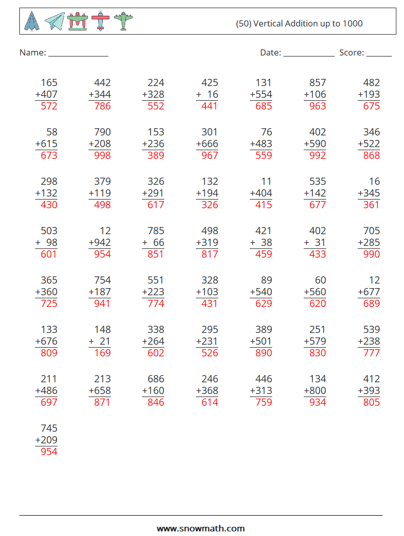 (50) Vertical Addition up to 1000 Maths Worksheets 13 Question, Answer