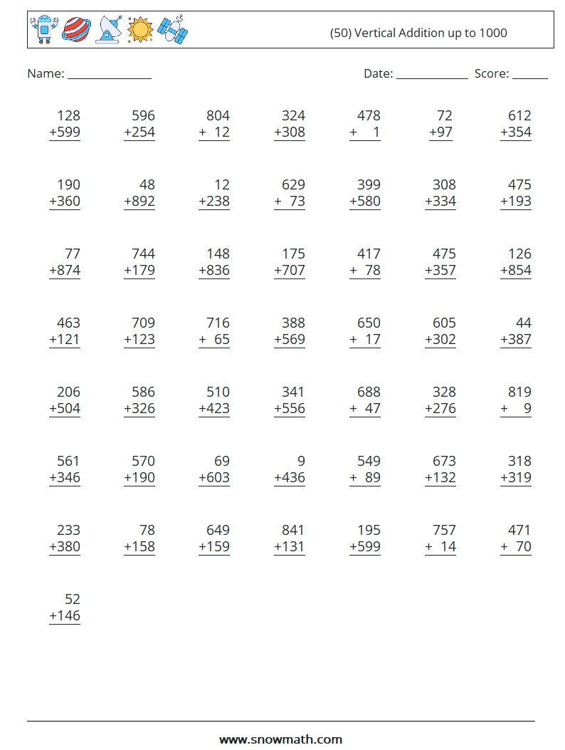 (50) Vertical Addition up to 1000 Maths Worksheets 16