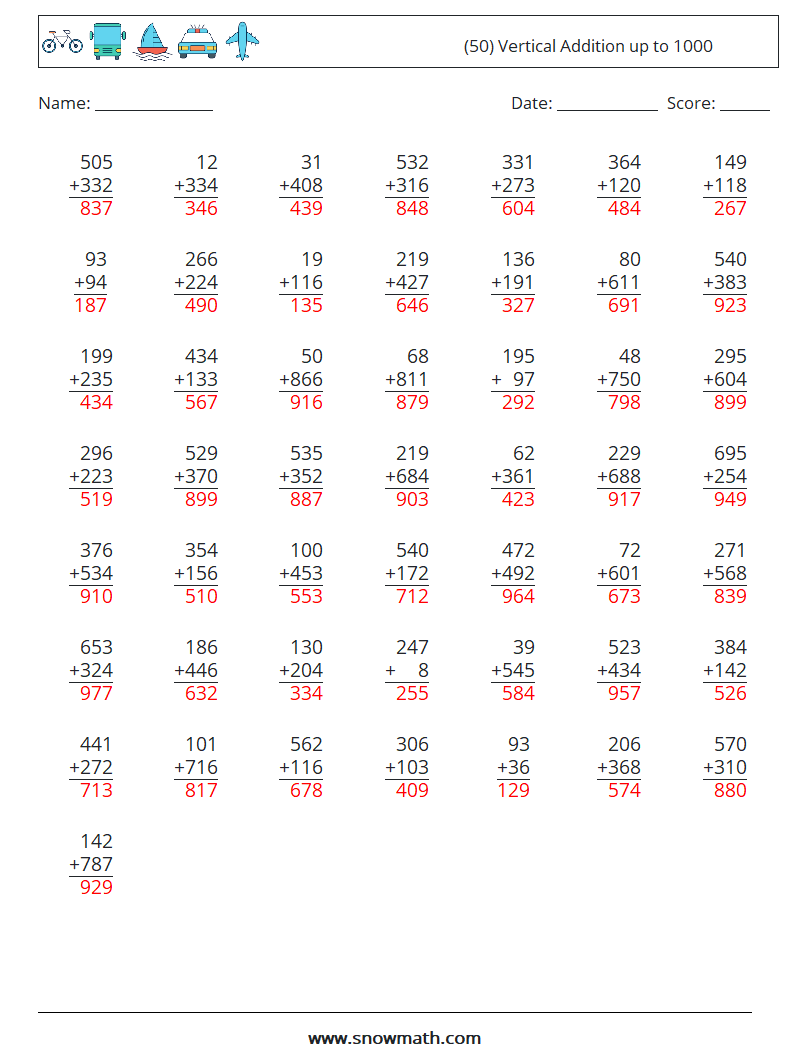 (50) Vertical Addition up to 1000 Maths Worksheets 17 Question, Answer