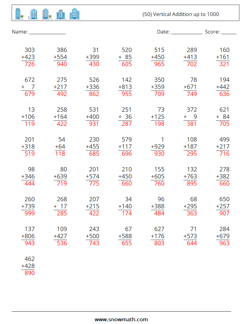 (50) Vertical Addition up to 1000 Maths Worksheets 1 Question, Answer