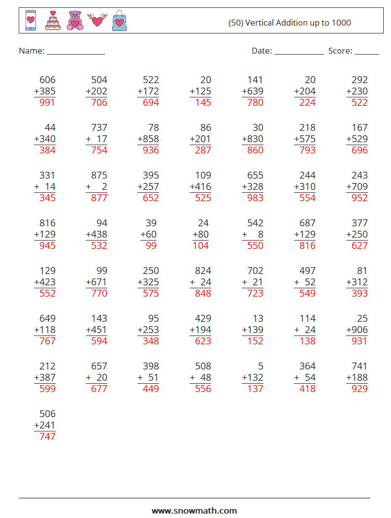 (50) Vertical Addition up to 1000 Maths Worksheets 2 Question, Answer