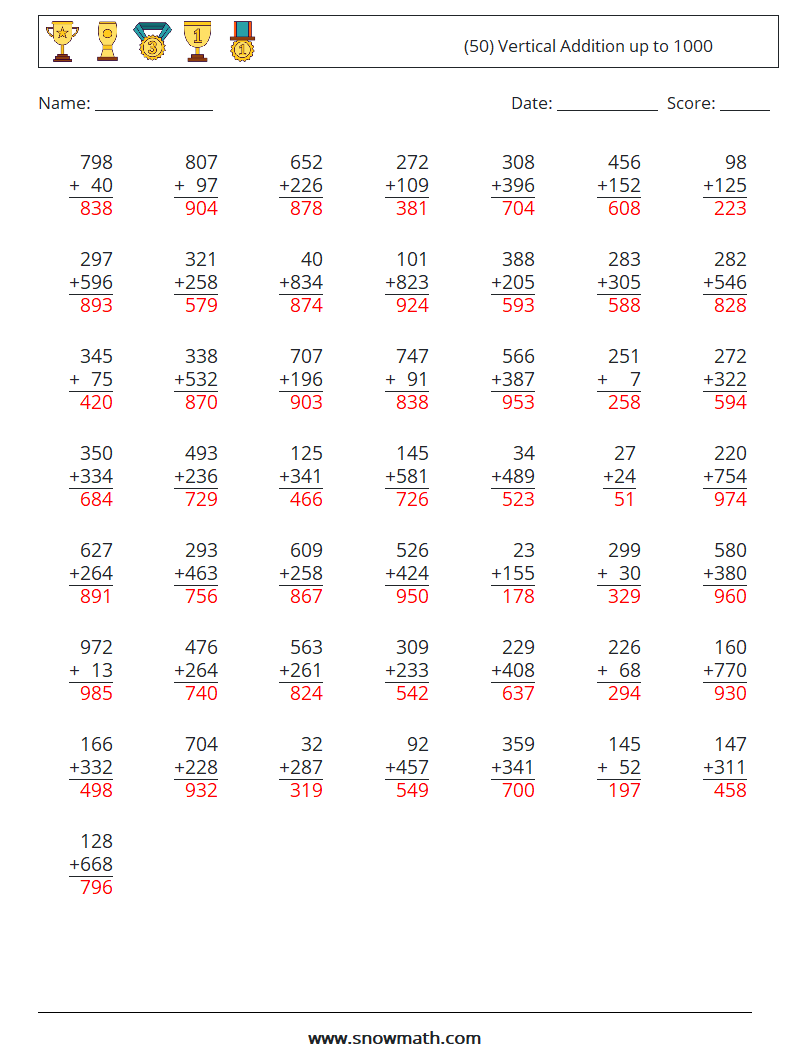 (50) Vertical Addition up to 1000 Maths Worksheets 3 Question, Answer