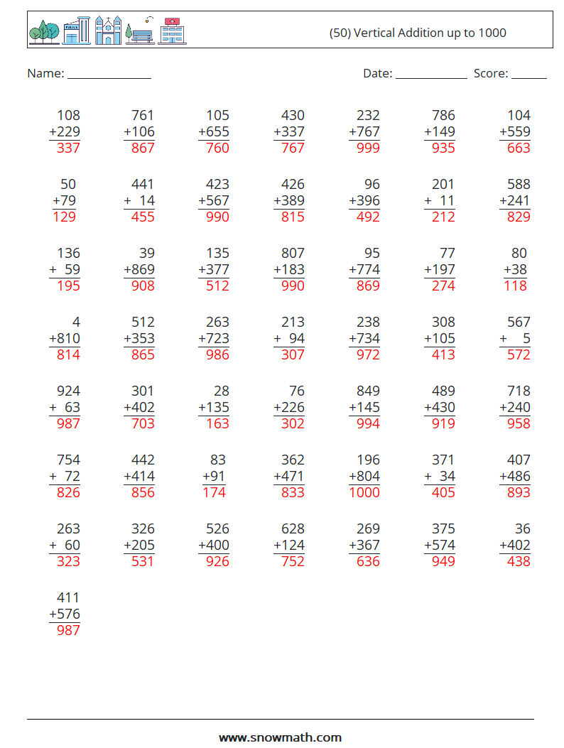 (50) Vertical Addition up to 1000 Maths Worksheets 4 Question, Answer