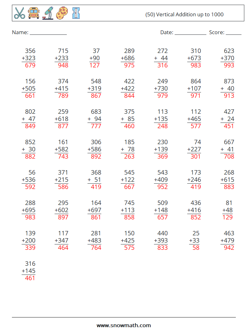 (50) Vertical Addition up to 1000 Maths Worksheets 5 Question, Answer