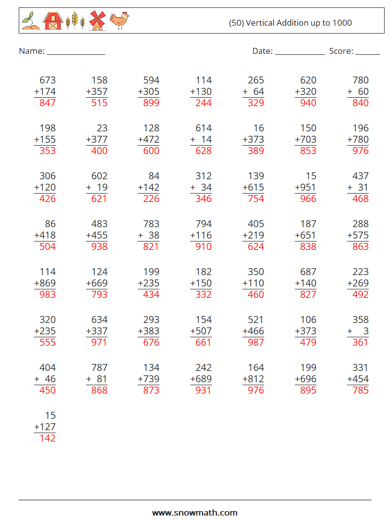 (50) Vertical Addition up to 1000 Maths Worksheets 6 Question, Answer